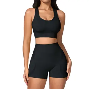 Seamless 2-Piece Workout Outfit for Women - High Waist Butt Lifting Shorts & Racerback Sports Bra, Tummy Control Gym Yoga Set