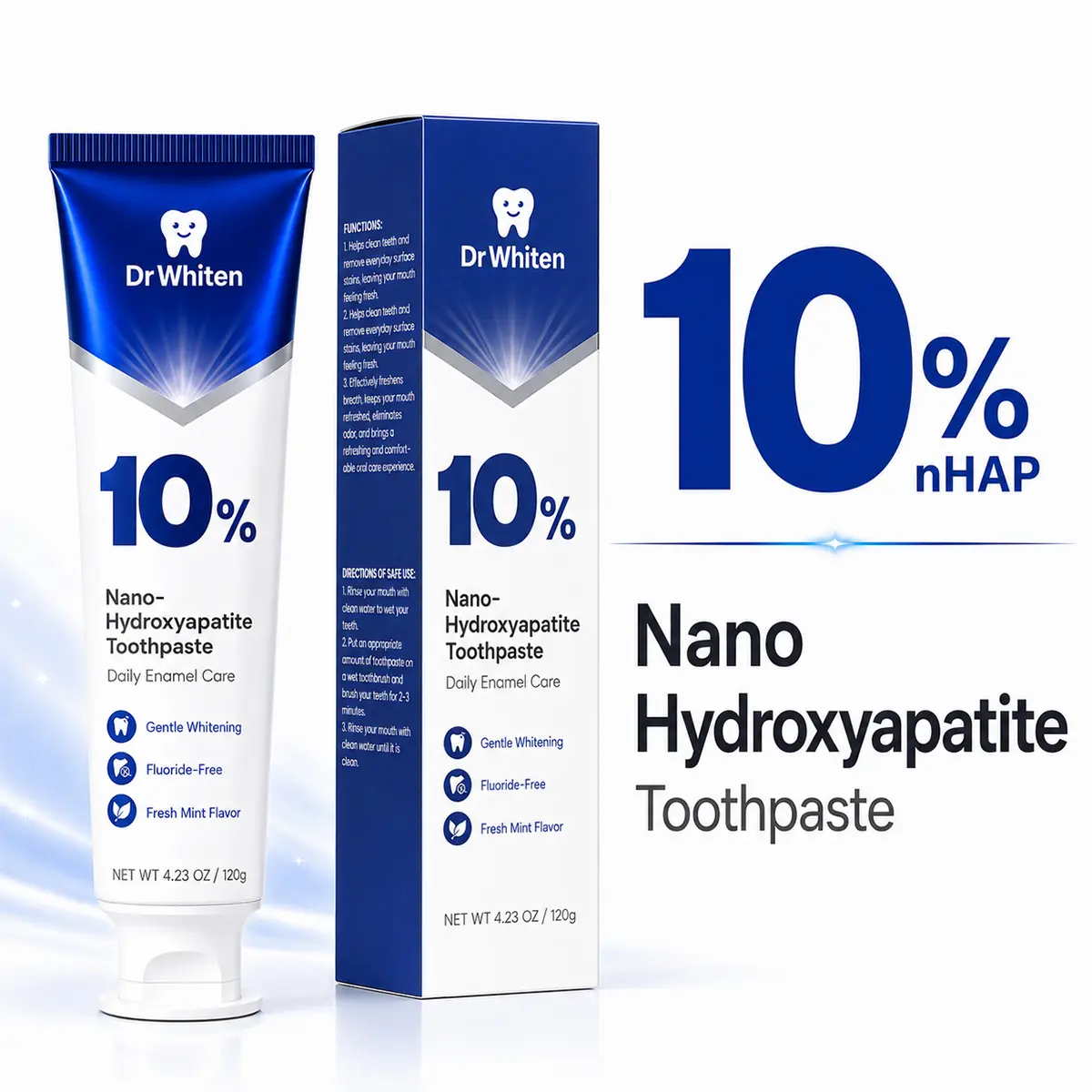 DrWhiten 2026NEW 10% Nano Hydroxyapatite Performance Whitening Toothpaste - Fluoride Free & Gentle Whitening - Clinically Supported & NASA-Developed nHA for Strong Enamel & Bright, Smooth Teeth (4.32oz) Radiant Mint Dentist Formulated