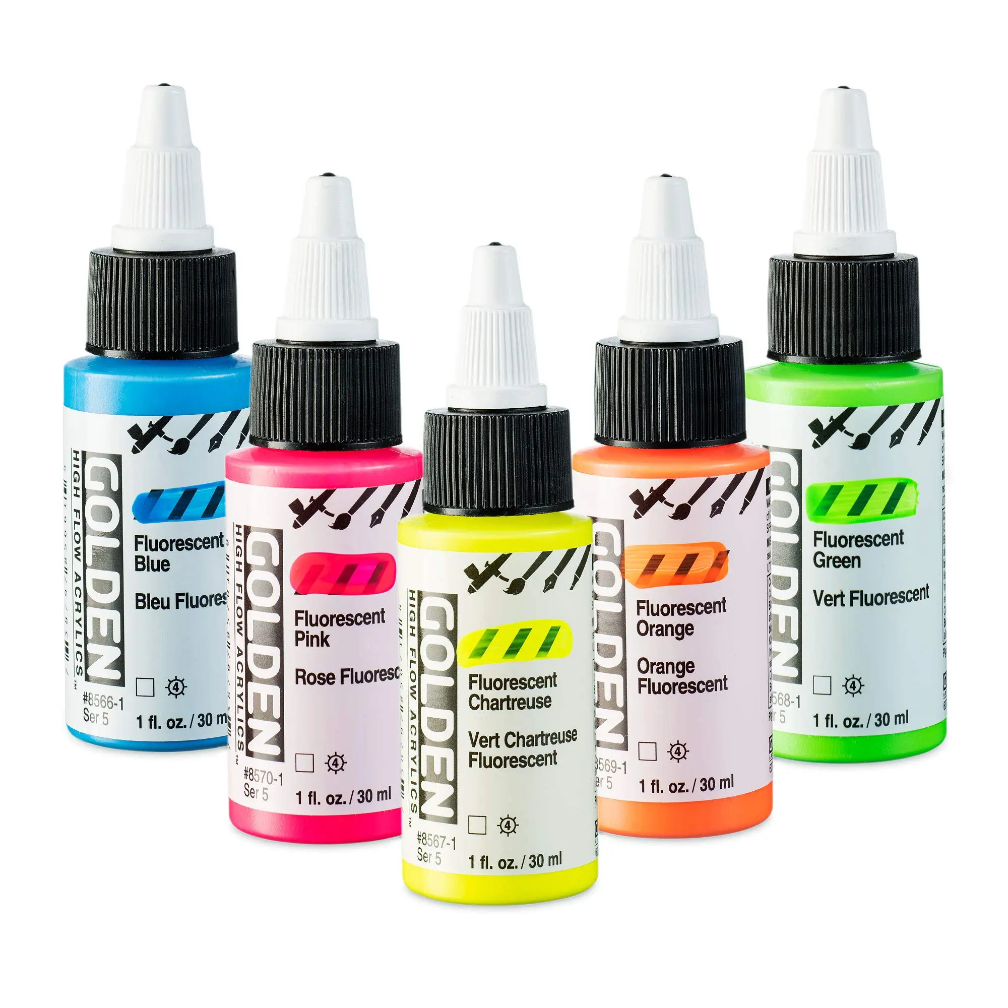 Golden High Flow Acrylic Paint Set - 5-Color Fluorescent Airbrush Acrylic Dye for Artists, 1oz Brilliant Tones Fine Pigment (Pink, Blue, Chartreuse Green, Orange), Set Pack