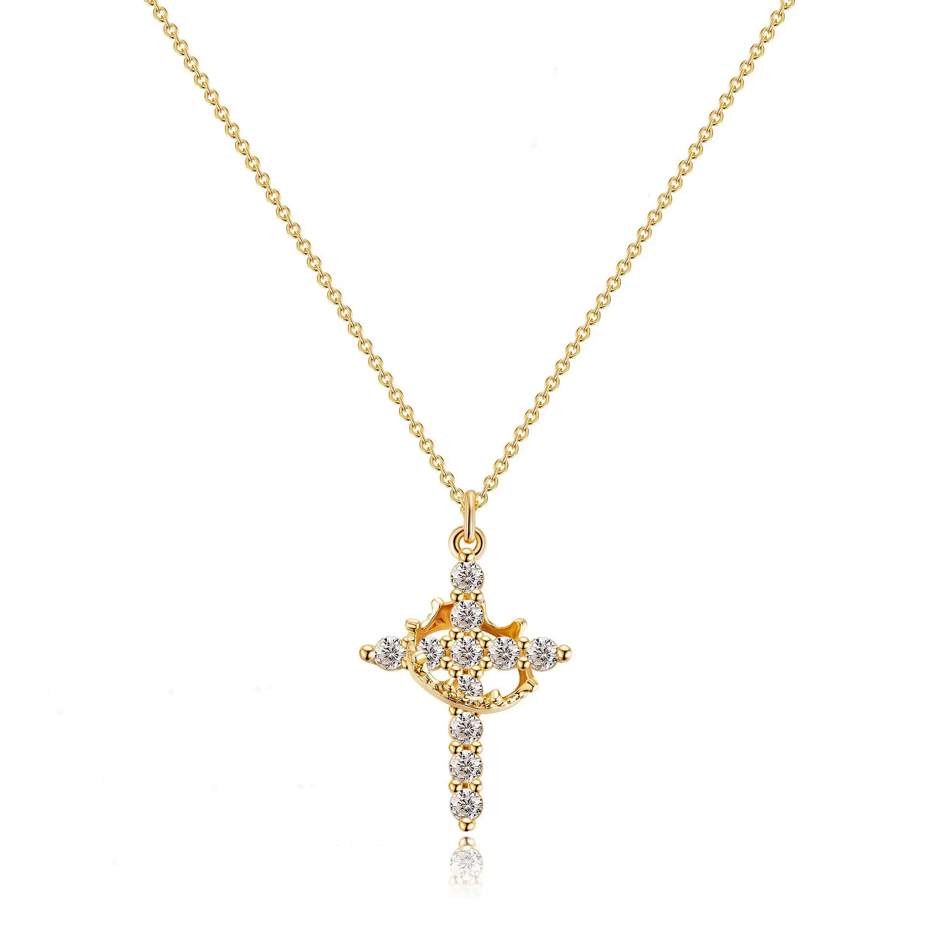 Women's 360-Degree Rotatable Geometric Circle Cross Crown Necklace - Synthetic Cubic Zirconia Inlaid Pendant, Stainless Steel & Copper Base, Unisex Clavicle Chain, Engagement Gift Ideas, Casual Wear Costume Jewelry