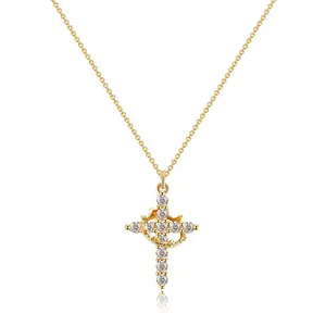 Women's 360-Degree Rotatable Geometric Circle Cross Crown Necklace - Synthetic Cubic Zirconia Inlaid Pendant, Stainless Steel & Copper Base, Unisex Clavicle Chain, Engagement Gift Ideas, Casual Wear Costume Jewelry,summerwins