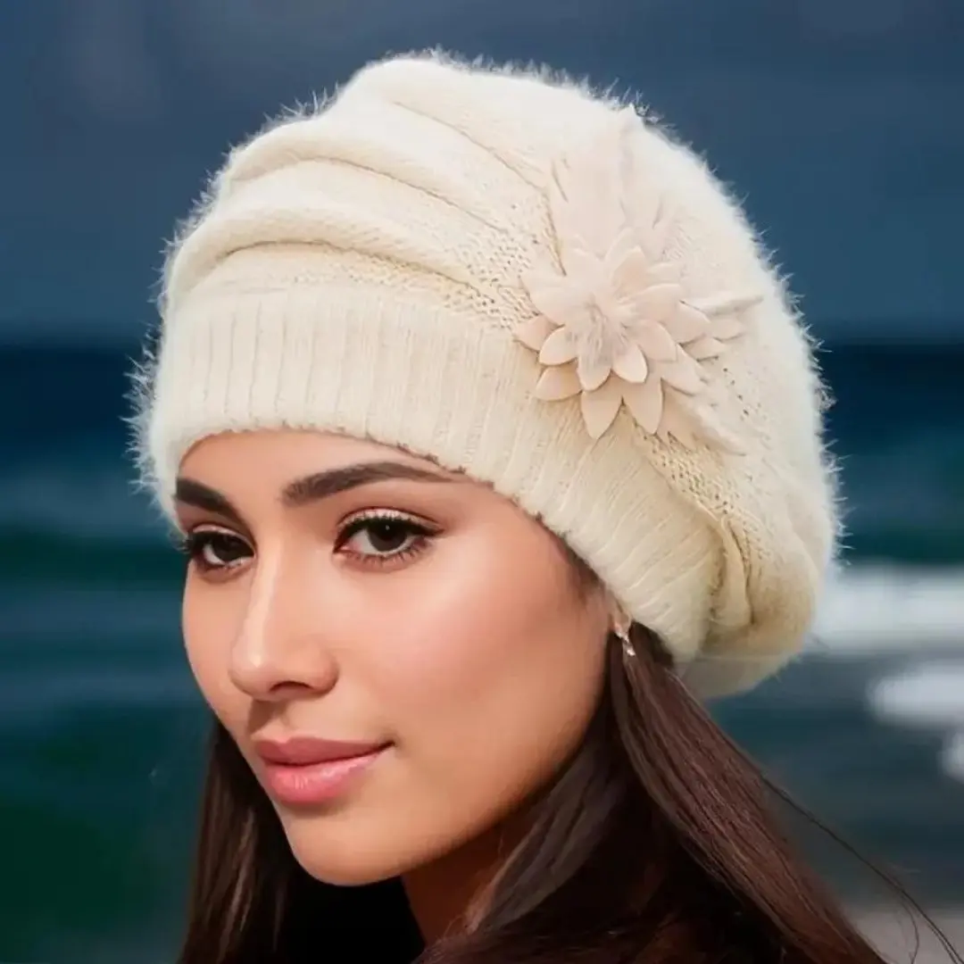 Hat Women's Winter Flower Hat Thick Beret Warm Knitted Hat Autumn Winter Mom Hat