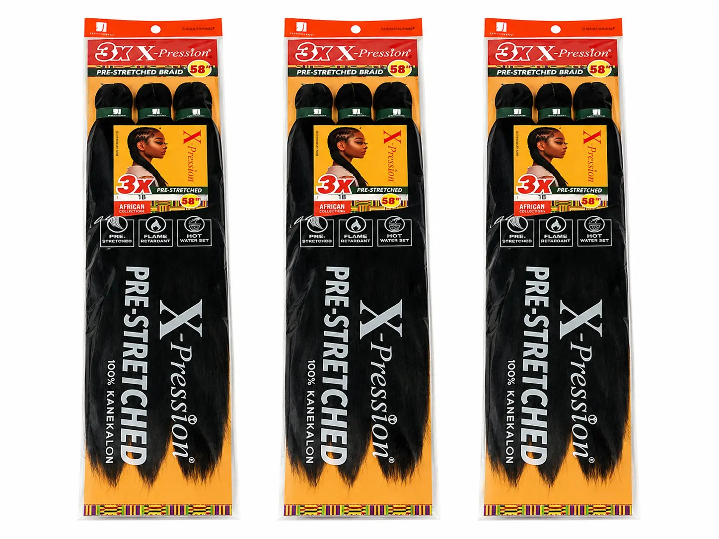 3 Parks X-Pression Pre-Stretched Braid for Unlimited Styles Flame Retardant Fiber 100% Kanekalon Hot Water, Colors: Black , Brown, Wine / Inches: 38, 48, 58. Set Pre-Layered for Natural Finished Style
