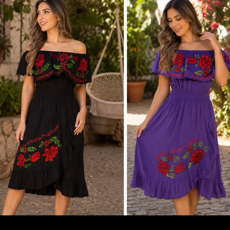 Vestido campesino olas en tela rayón