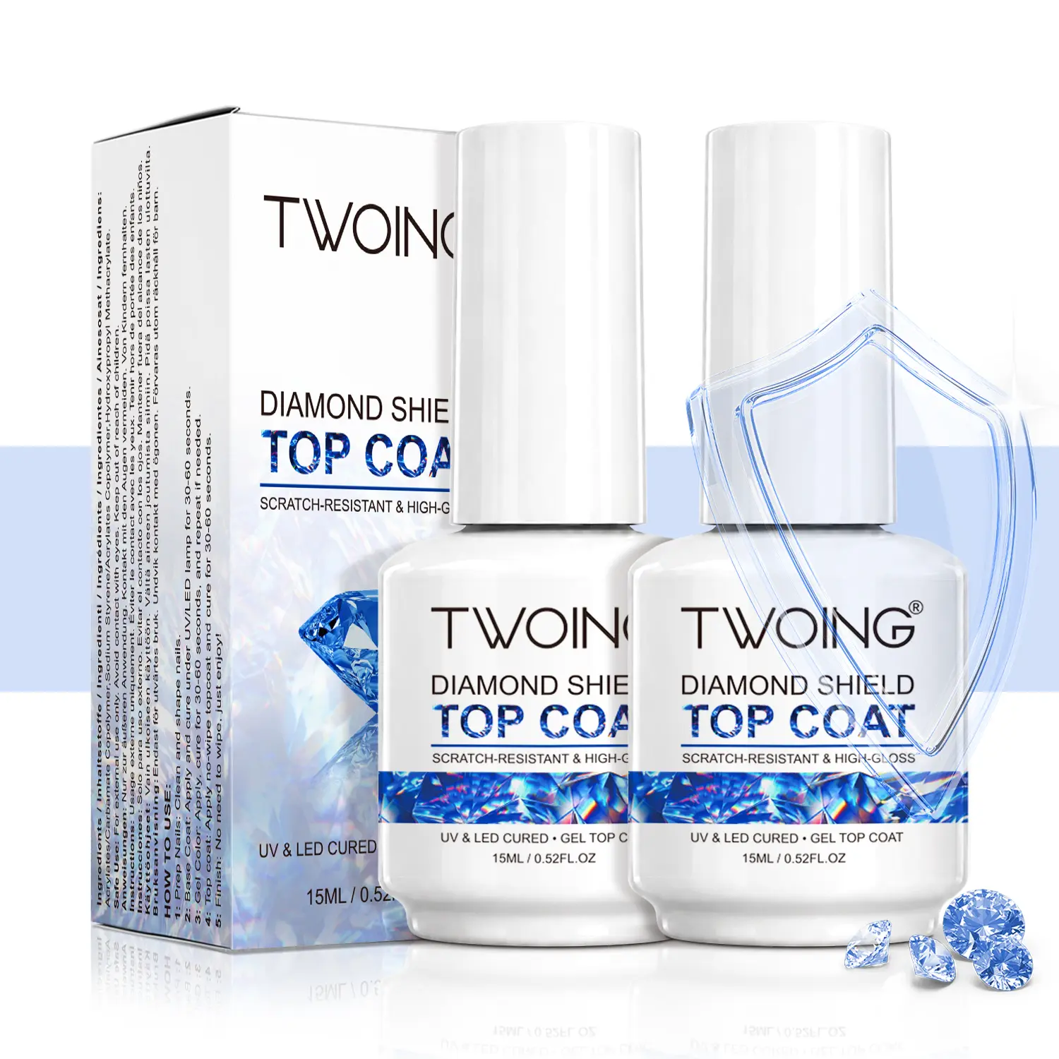 TWOING 2 Bottles Set 15ml Diamond Shine No-Wipe Gel Top Coat – UV/LED Soak-Off, High Gloss, Long-Lasting, Scratch-Resistant Crystal Clear Finish for Nail Art, DIY or Salon Use