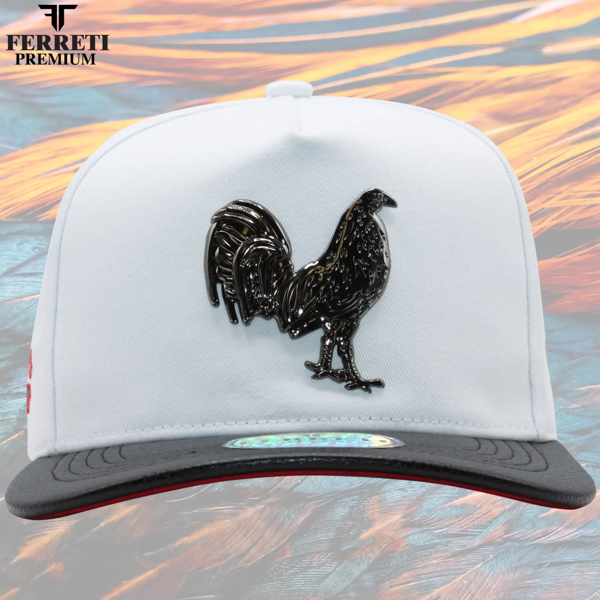 FERRETI HATS FT83 MR GALLO WHITE PREMIUM METAL BLACK PATH RED EMBROIDERY