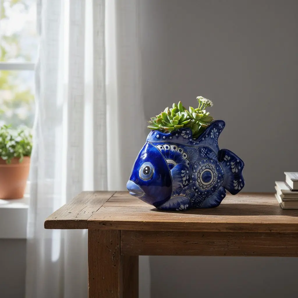 Talavera Fish Planter | Blue & White Design