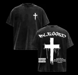 Men's Distressed Casual Streetwear Round Neck Short-Sleeve Washed Cotton T-Shirt - Drop Shoulder, Cross Letter Blessed Graphic Top, Father's Day Gift