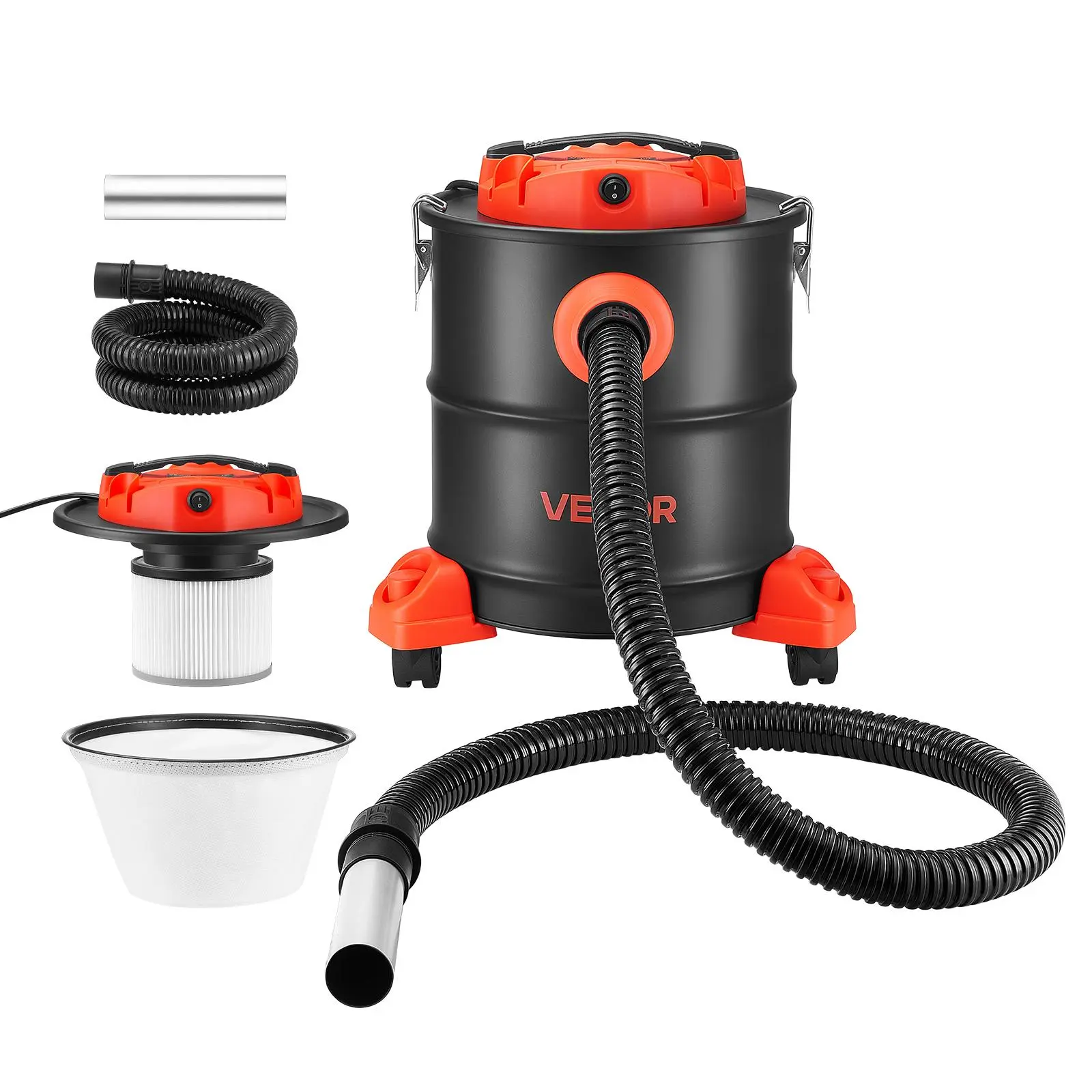 VEVOR Ash Vacuum 5.3 Gallon, 1200W Powerful Fireplace Cleaner with Casters, for Fireplace, Pellet Stove, Wood Stoves, Fire Pit, Grills, Steel Body, Double Stage Filtration, 5 FT Hose, Black & Orange