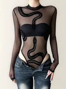 Sheer Velvet Snake Print Mesh Bodysuit, Womenswear, Sexy Slim-Fitting All-In-One for Summer, Elegant and Bold Fashion Statement Piece