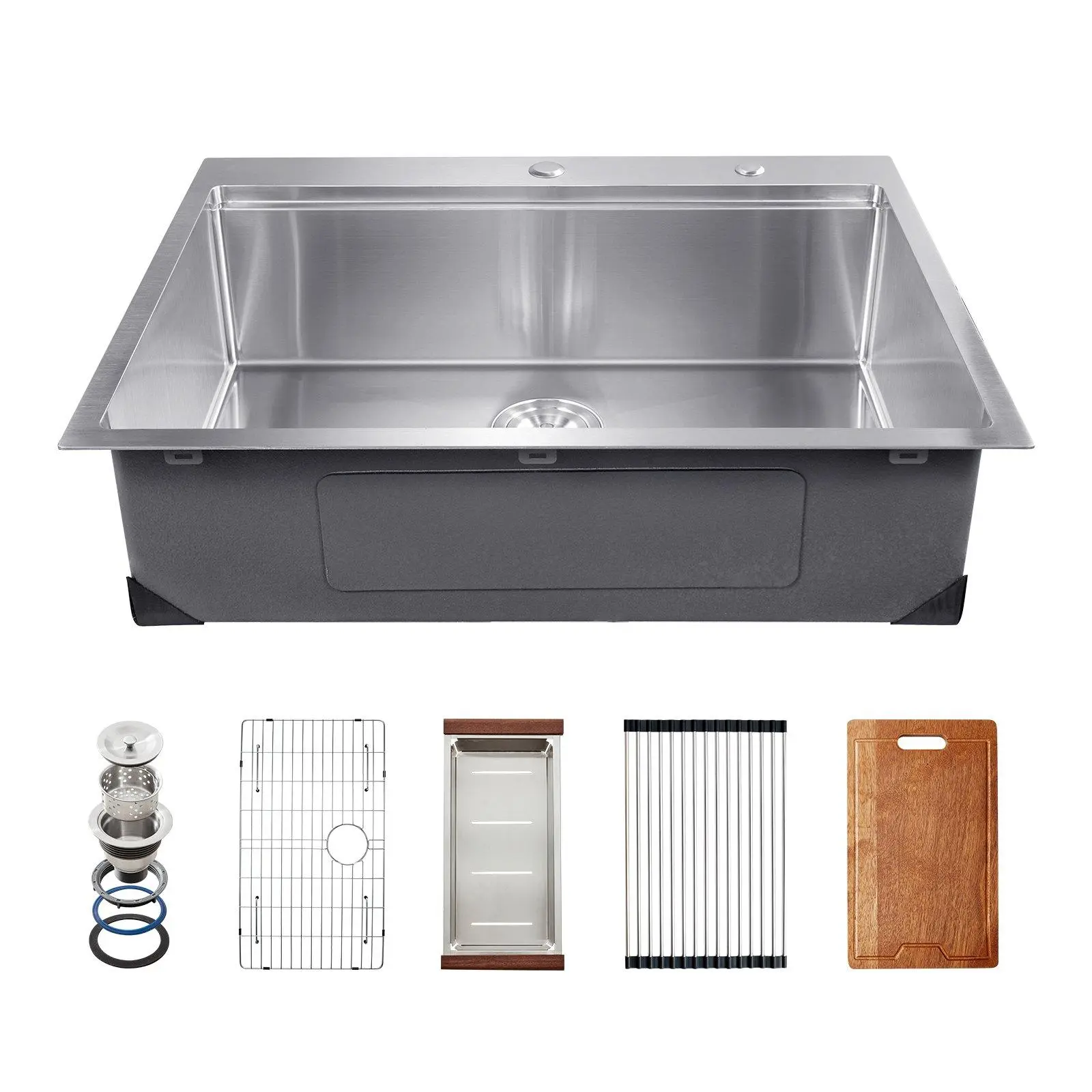 【Father's Day Gift】Modern 30-in Top Mount Single Rectangle Stainless Steel Kitchen Sink Set - Workstation Drop-In Bowl with Rosewood Drying Rack for Bar Use