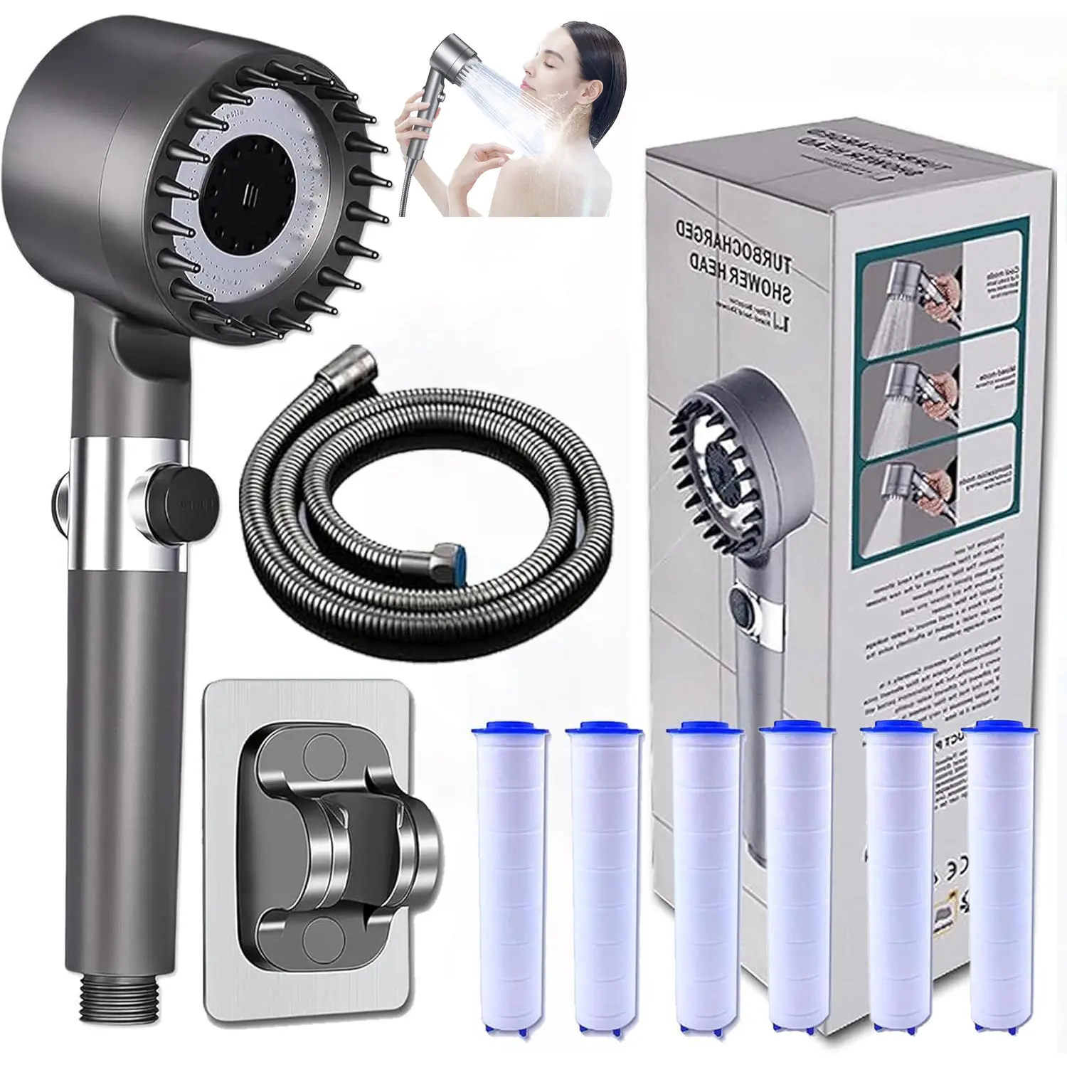Warranty-Included 5-in-1 Modern High-Pressure Detachable Handheld Shower Set - Chlorine & Hard Water Filtration, Hair & Scalp Care, Spa-Inspired Pressure-Boosting, Adjustable, Easy Clean, Universal Interface, 5ft Hose, 6 Filter Elements, No-Drill Bracket,