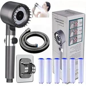 The 5-in-1 pressurized handheld shower head features one-touch on/off control and cool mist mode, a universal 59-inch hose, a drill-free mount, and 6 filters, making it ideal for a comfortable massaging shower.