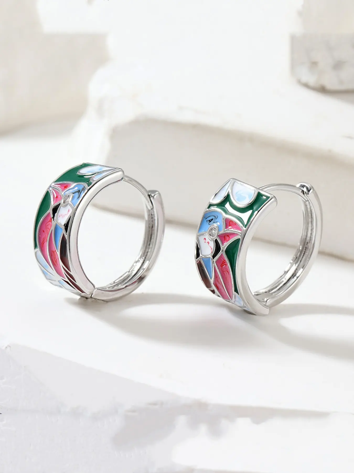 Creative Fashion Silver Color Circle Earrings for Women, Crystal Blue Bird Enamel Earings, Casual Jewelry Gift, Handmade