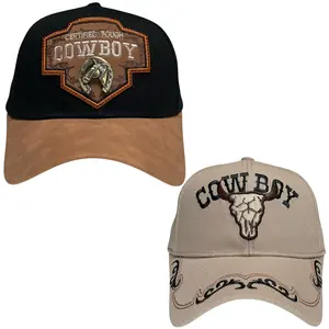 Cowboy Horseshoe Longhorn Steer Skull Embroidered Baseball Cap, Adjustable Western Adjustable Hat