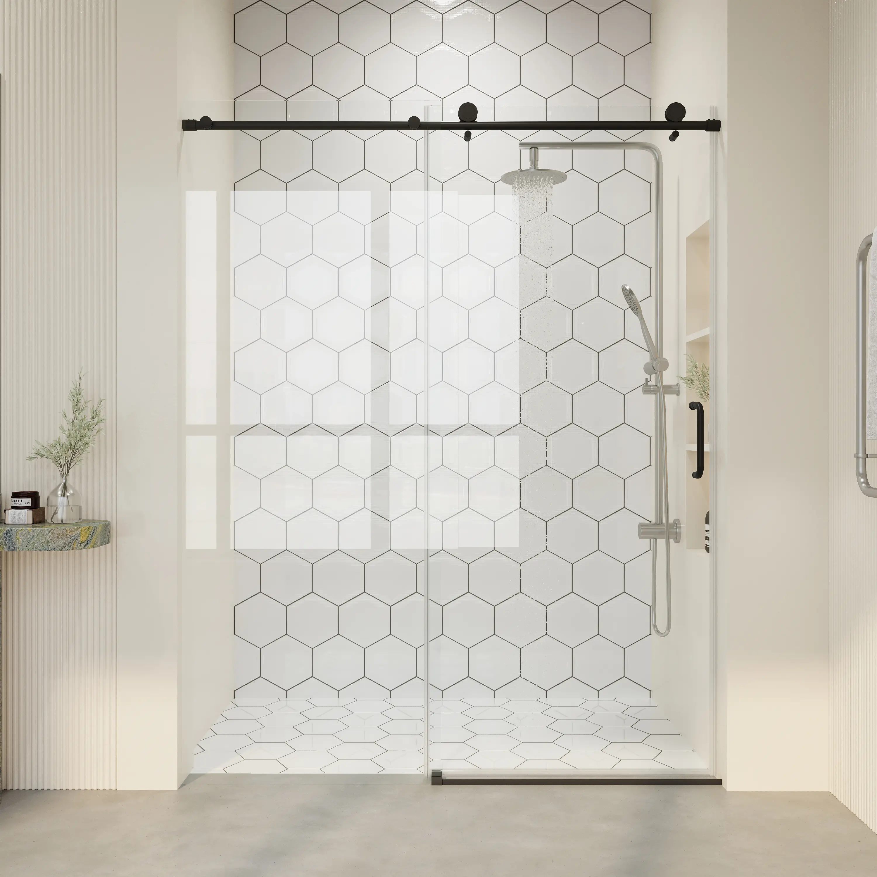 BUILDEPOT Modern Frameless Single Sliding Shower Door - 56"-60" W x 76" H, 1/4" (6mm) Anti-Shatter Tempered Glass with Safety Film, Adjustable Track, Easy-Clean Matte Black/Brushed Nickel Wall Mount, Glass Enclosure Replacement, D06-60, Bathroom Fixtures,