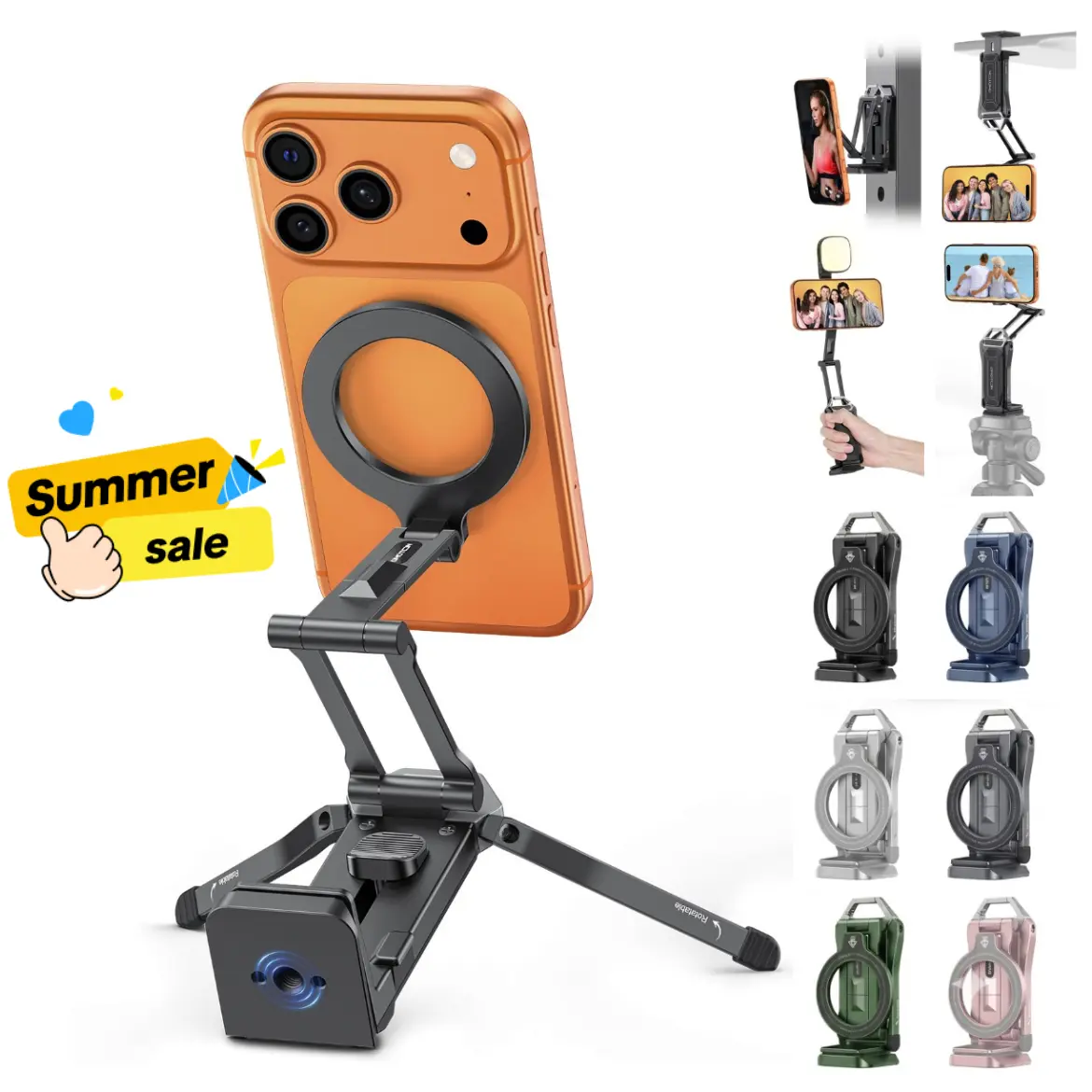 OMOTON TP02-Pro 5-in-1 Magnetic Grip Phone Holder & Mount, Arca-Type Base with 1/4" Screw Hole, Adjustable Foldable Rotating, Phone Accessory for iPhone 12-17 Series, Tripod for iPhone, Mini Selfie Stick Compatible, Phone Accessories