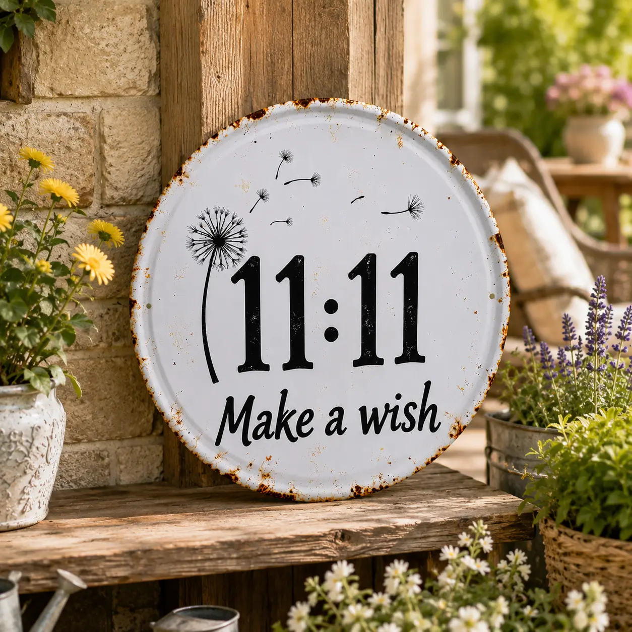 Rustic Metal Home Sign Wall Decor - 8x8In Circular 2D Flat Plaque with Dandelion 1111 Make a Wish Design, Living Room Accent, Home Decor Accessory, Decoration Gift for Indoor Spaces
