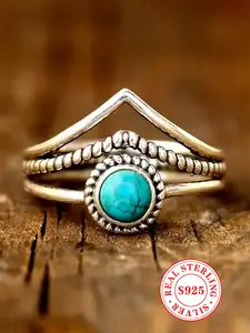 S925 Sterling Silver Vintage Turquoise Decor Cuff Ring, Fashion Accessories for Women & Girls, Trendy All-match & Exquisite Jewelry for Birthday Gift
