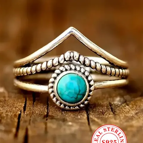 S925 Sterling Silver Vintage Turquoise Decor Cuff Ring Decoration, Fashion Accessories for Women & Girls, Trendy All-match & Exquisite Jewelry for Birthday Gift
