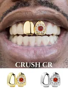 CRUSH CR 1pc Copper 18K Gold Plated Dual-Tooth Grillz, Red Center Stone CZ Inlaid, Sunburst Design, Unisex Hip-Hop Tooth Jewelry For Black Women, Girls & Men, Suitable For Parties, Street Fashion Daily Wear Ideal For Club Nights Social Gatherings Hip-Hop