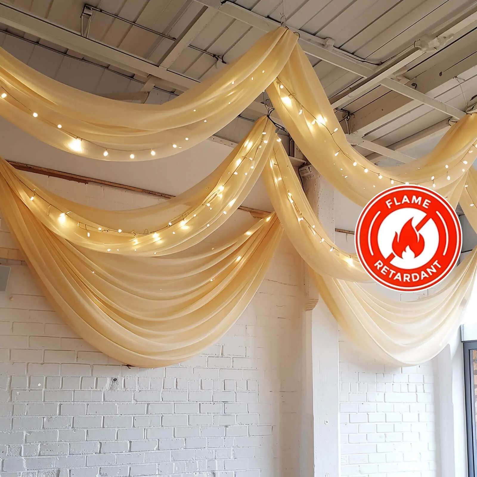 5ftx32ft Champagne Chiffon Curtain Panel, Durable Flame-Resistant Rod Pocket Drapery for Weddings Decor, Party Background Decoration, Photoshoot Backdrops (Ceiling & Backdrop Use), Decor For Weddings