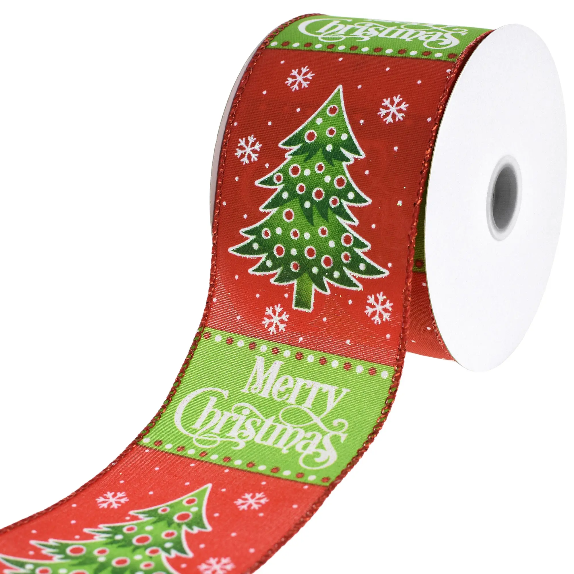 Merry Christmas Slogan Trees Wired Ribbon, 2-1/2-inch, 10-yard