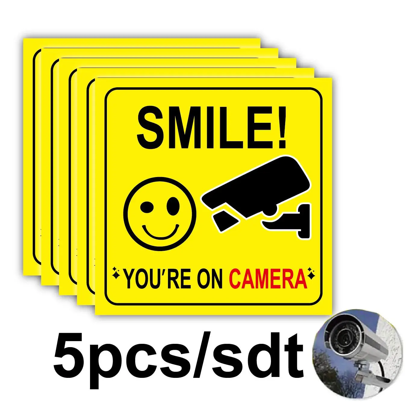 5pcs/set Smile you are on Camera Sticker, Funny Security Decoration Sticker for Home Commercial Yard or Driveway High Adhesive Stickers, Sticker Packs, Decorative Stickers