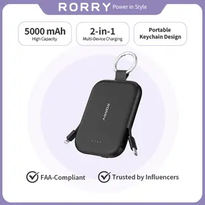 RORRY 5000mAh Portable Power Bank (Mobile Universal Power Bank, Portable Battery Pack) with Dual Cables, Keychain, USB-C Charging for iPhone/Android, Lightweight Compact Mini Gadgets for Purse, Stylish Gift