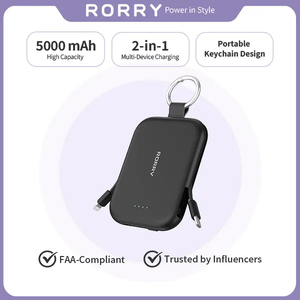 RORRY 5000/10000mAh Fast Charge Power Bank with 2 Built-in Cables Mini Keychain Portable Charger for iPhone & Android