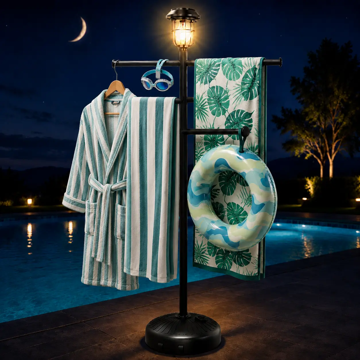 Freestanding Pool Towel Rack with Solar Light, Adjustable Anti-Slip Bars, Heavy-Duty Construction, Wheels, Weighted Base, Easy to Move for Patio Area, Garden, Swimwear, Poolside Organization
