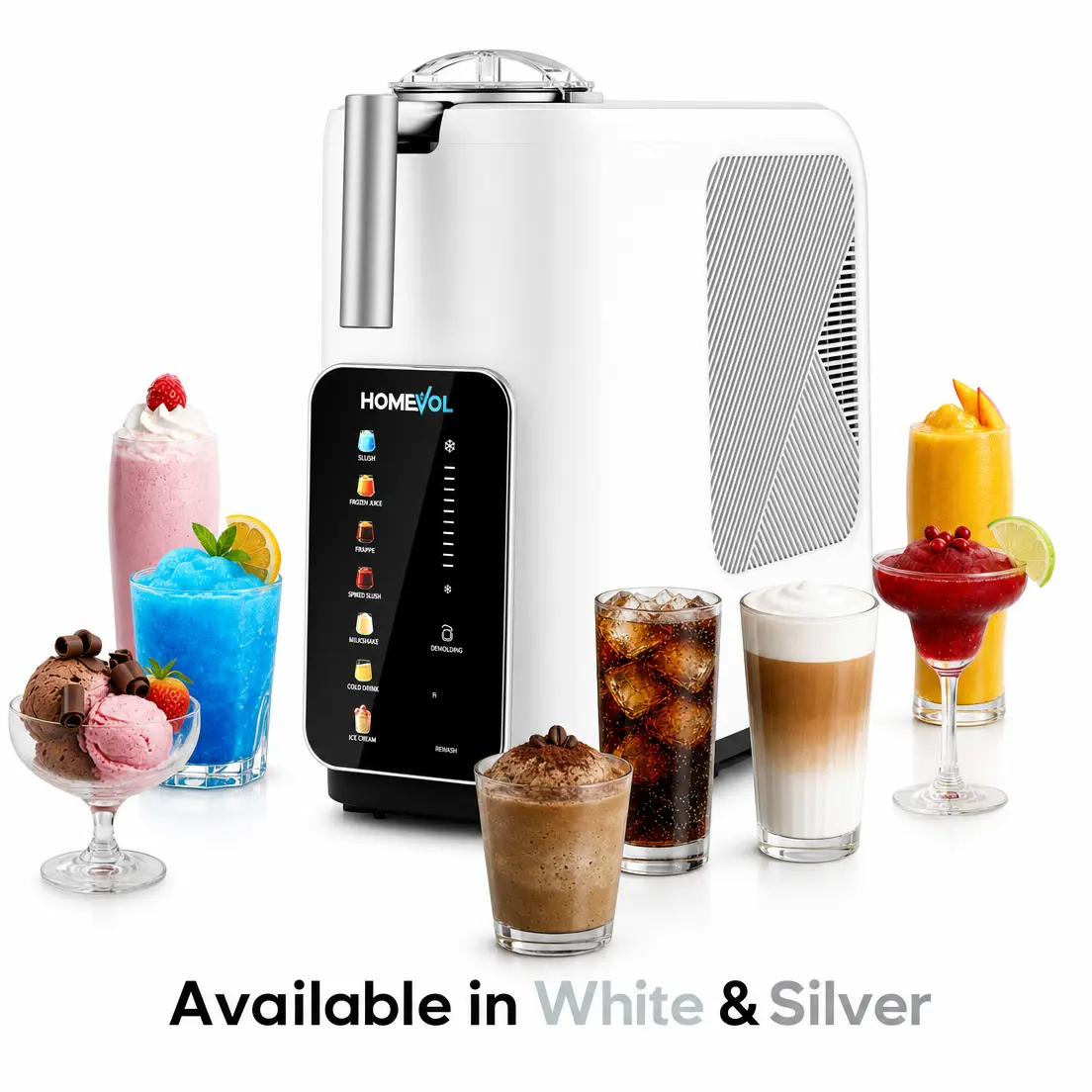HOMEVOL Silver White 3-in-1 Household Kitchen Frozen Drink Maker, Slushie Machine, Ice Cream Maker, Cold Drink Chiller with 7 Pre-Set Modes, 10 Texture Levels, 304 Stainless Steel, 1.3L Capacity
