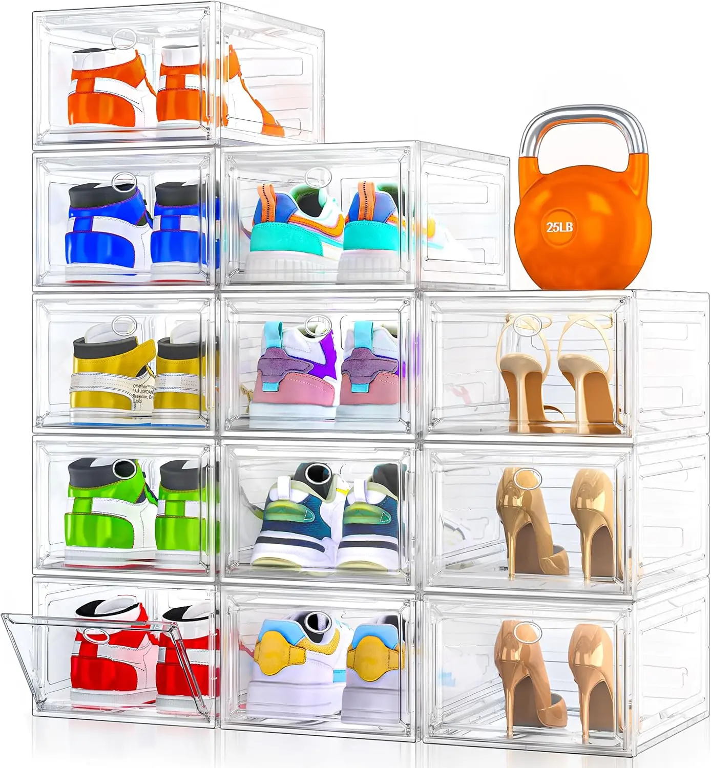 6 Pack Clear Shoe Storage Organizer with Magnetic Door,Stackable Plastic Shoe Boxes for Sneakers,Boots,and Heels,Space-Saving Foldable Shoe Rack for Closet,Durable Shoe Cabinet Organizer,White,dorm essentials,home decor