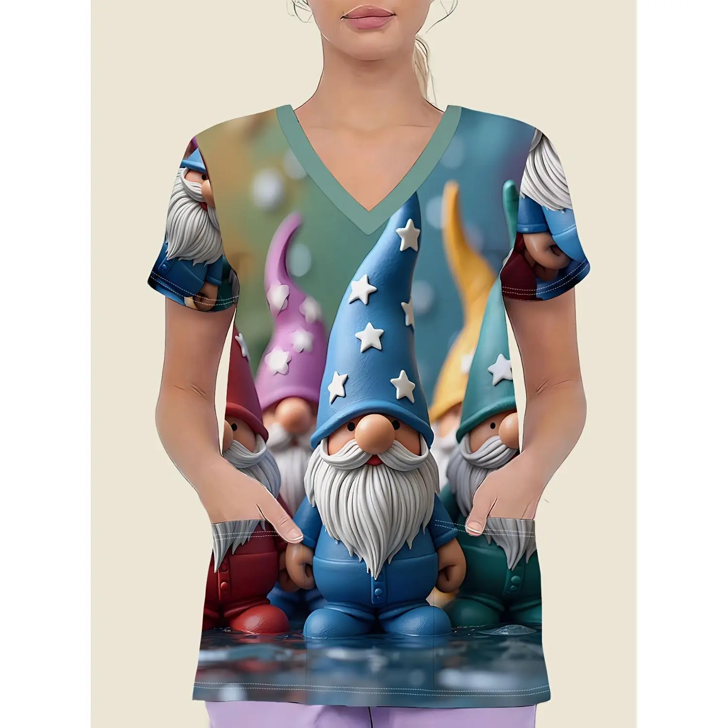 Professional Women's Workwear and Caregiver Uniforms with Breathable Fabric and V-Neck Design, Highlighted by Colorful Elf Patterns in Red, Purple, Blue, and Green