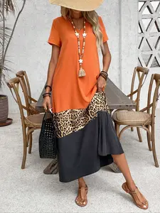 New Patchwork Long Flowy Dress, V Neck Short Sleeve Summer, Loose Fit Comfortable Fabric, Perfect for Daily Wear, Casual Wear and Vacation
