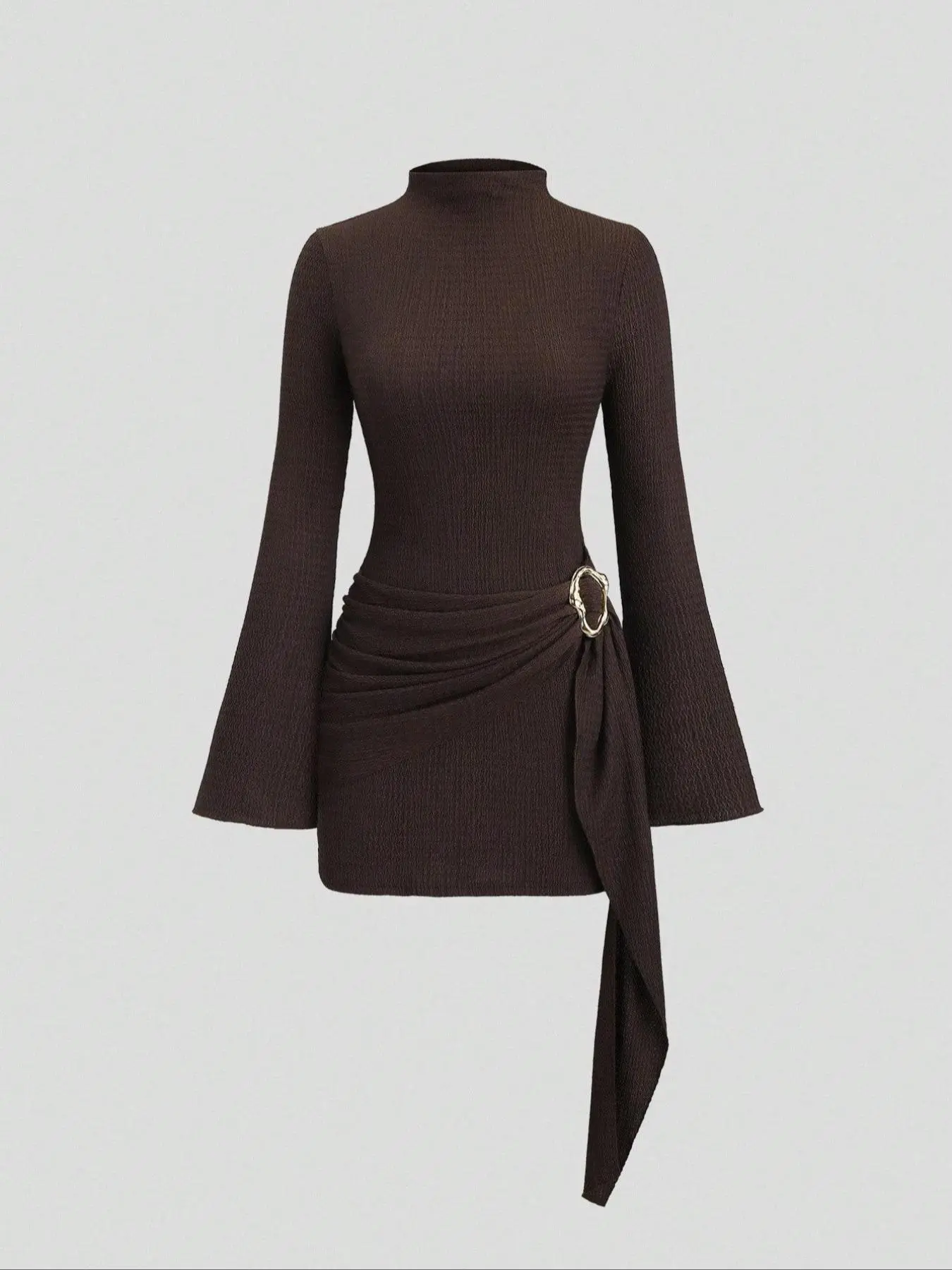 Women's Fall Winter Minimalist Elegant Fashion Dress Chic Style Slim Fit Textured Fabric Dress, Metal Buckle High Waist Long Sleeve Flared Sleeve Formal Party Dress