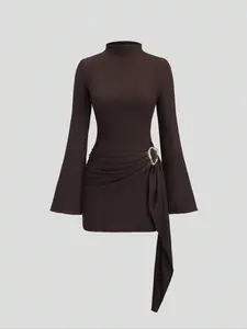 Women's Fall Winter Minimalist Elegance Style Slim Fit Textured Fabric Dress, Metal Buckle High Waist Long Sleeve Flared Sleeve Formal Party Dress