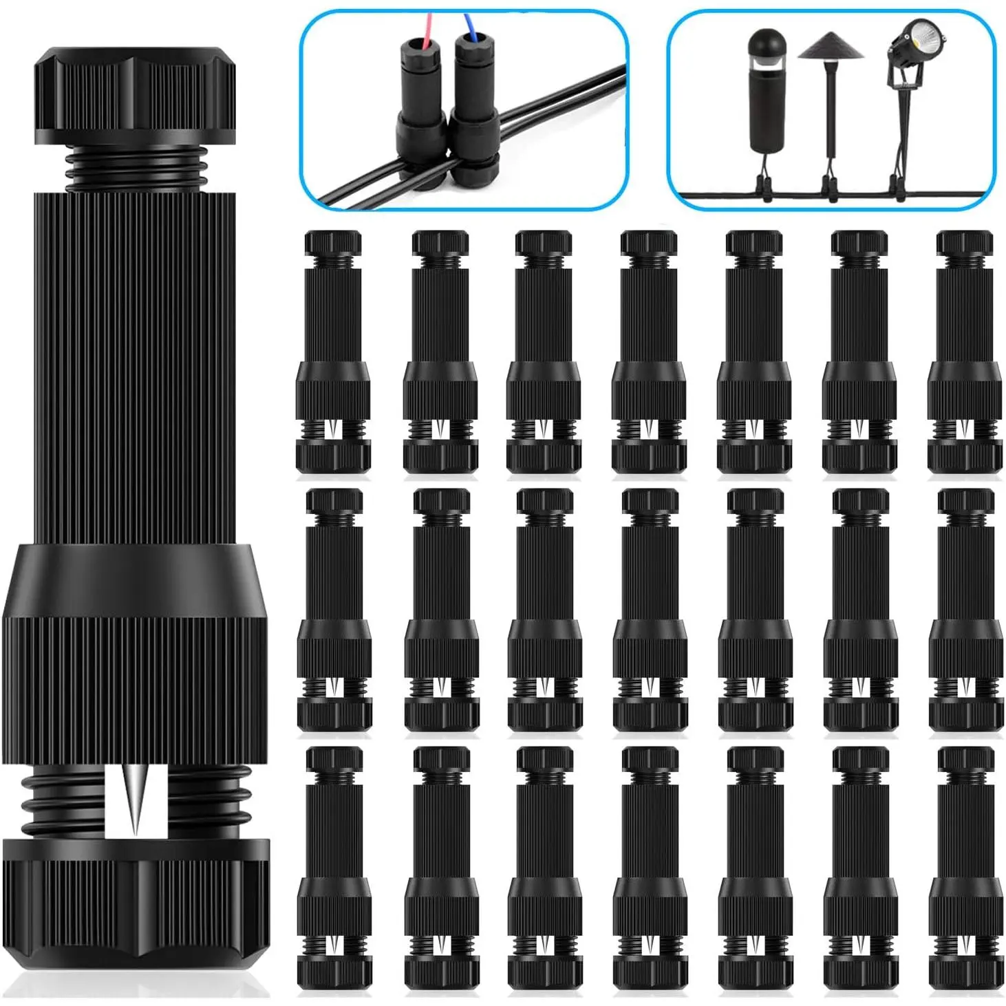 22-Pack High Quality Durable Low Voltage Waterproof Landscape Cable Connectors, Easy-Connect 12-20 Gauge Wire Connectors for Backyard Lighting, Pathway Lights, Well Lights (Black)