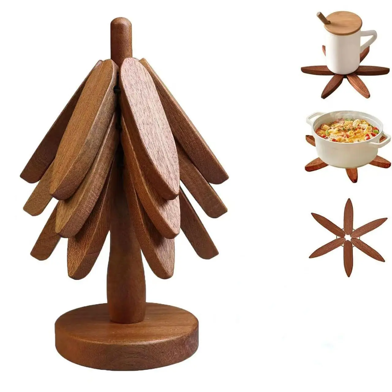 Natural Wood Bamboo Kitchen Tableware Set - 4 Potholders, 1 Holder, Christmas Tree-Shape Foldable Coasters & Placemat for Hot Dishes, Pots, Bowls - Ideal for Holiday & Birthday Gift Ideas