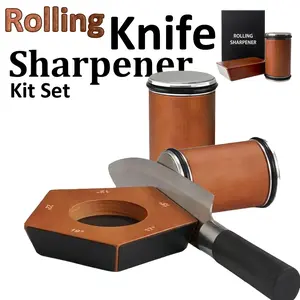 Rolling Knife Sharpener Kit with Diamonds and Ceramic Discs, Includes Pocket Knife and Medium/Wooden Sharpening Tumbler for Hardness 22-30