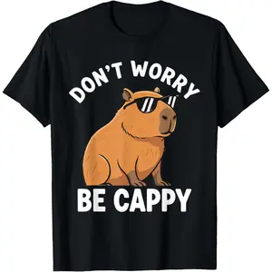 Men's Pure Cotton Round Neck Short-Sleeve Casual Fitness T-Shirt, Natural Fabric, "Don't Worry Be Cappy" Funny Capybara Graphic Top, Gift for Men