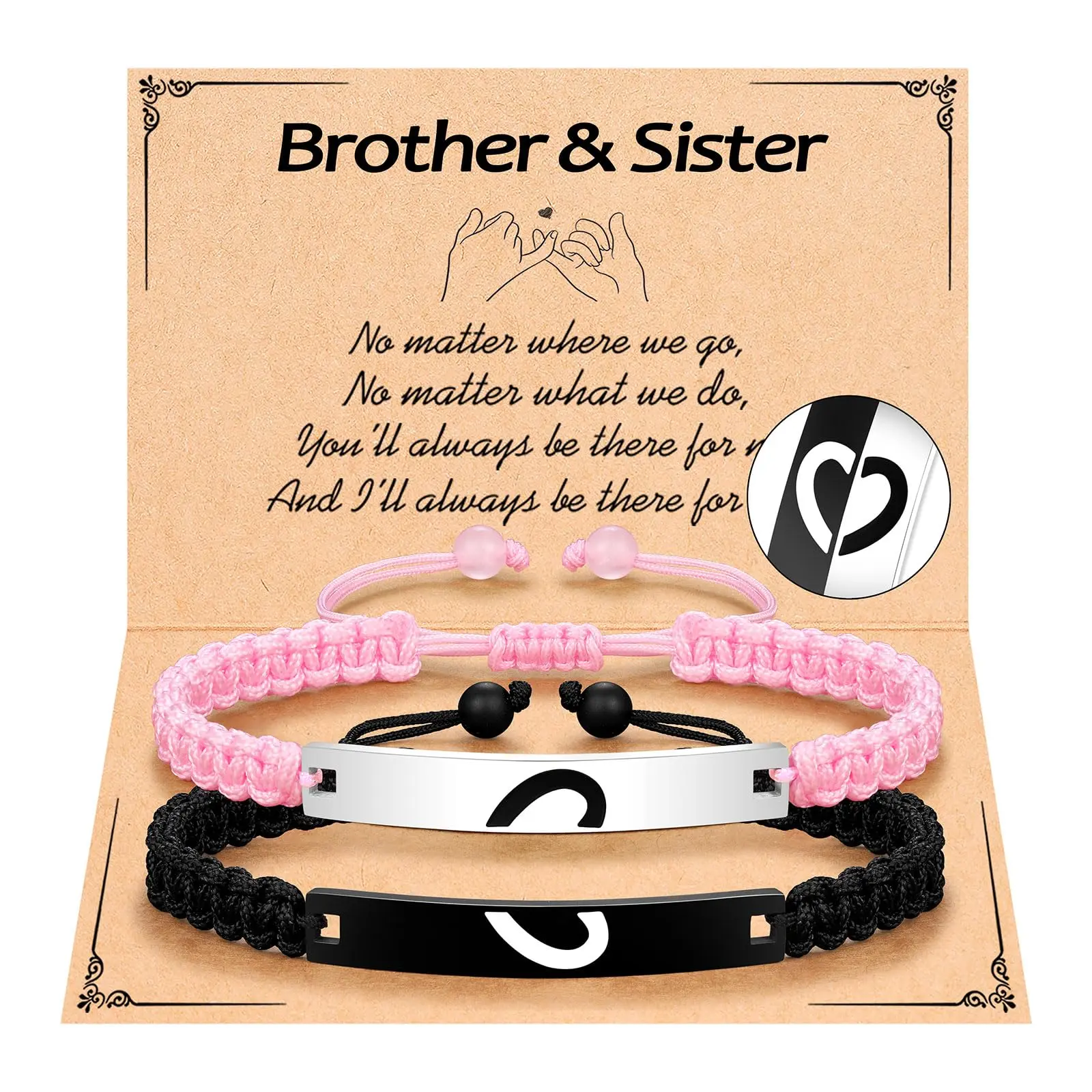 2Pcs Adjustable Rope Fashion Bracelets - Sibling Jewelry, Ideal Birthday Christmas Graduation Gifts for Brother and Sister