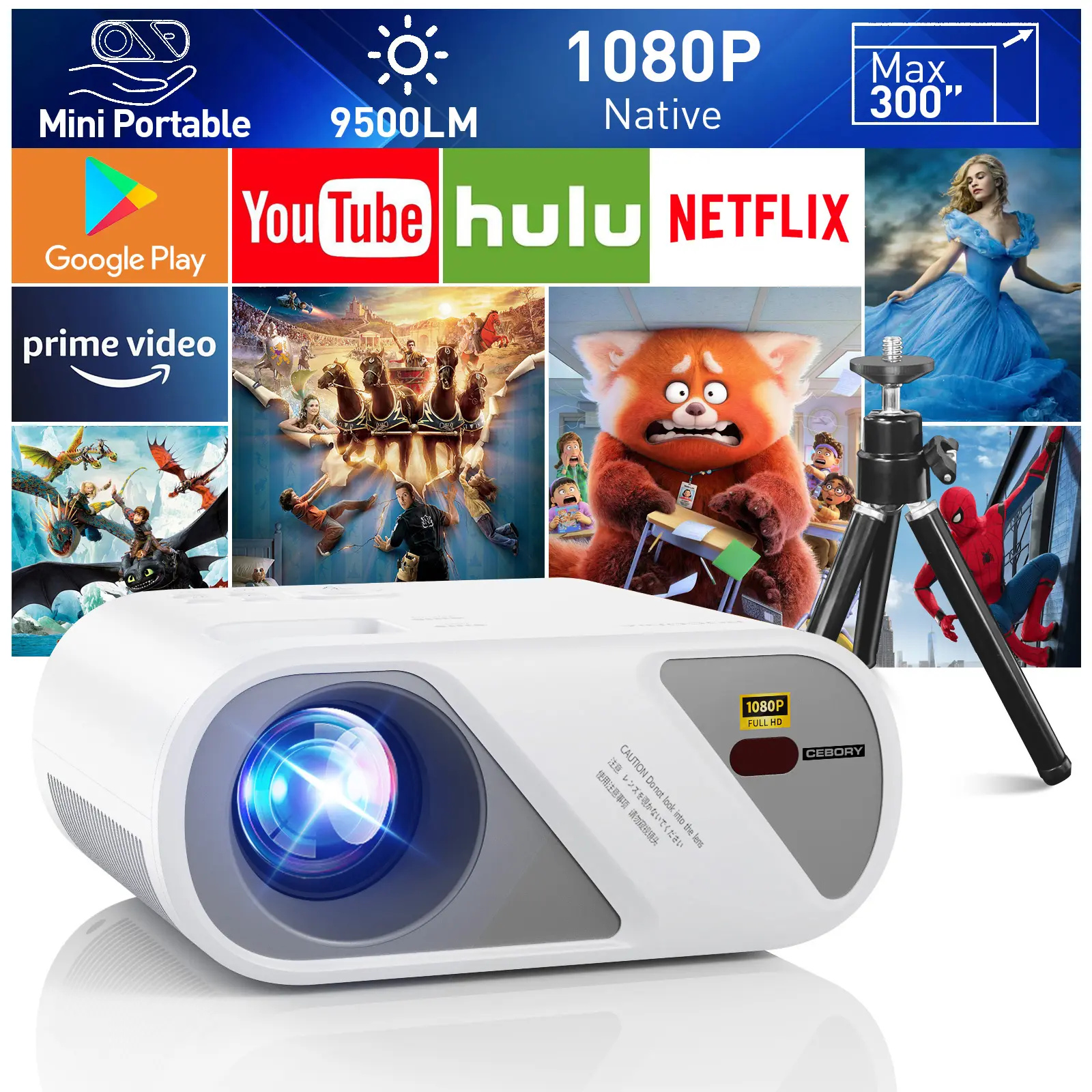 Full HD 1080P Portable Mini Projector with Tripod, Outdoor Movie Projector for iPhone, Home Theater Compatible with HDMI/USB/AV/Smartphone/TV Stick/Laptop