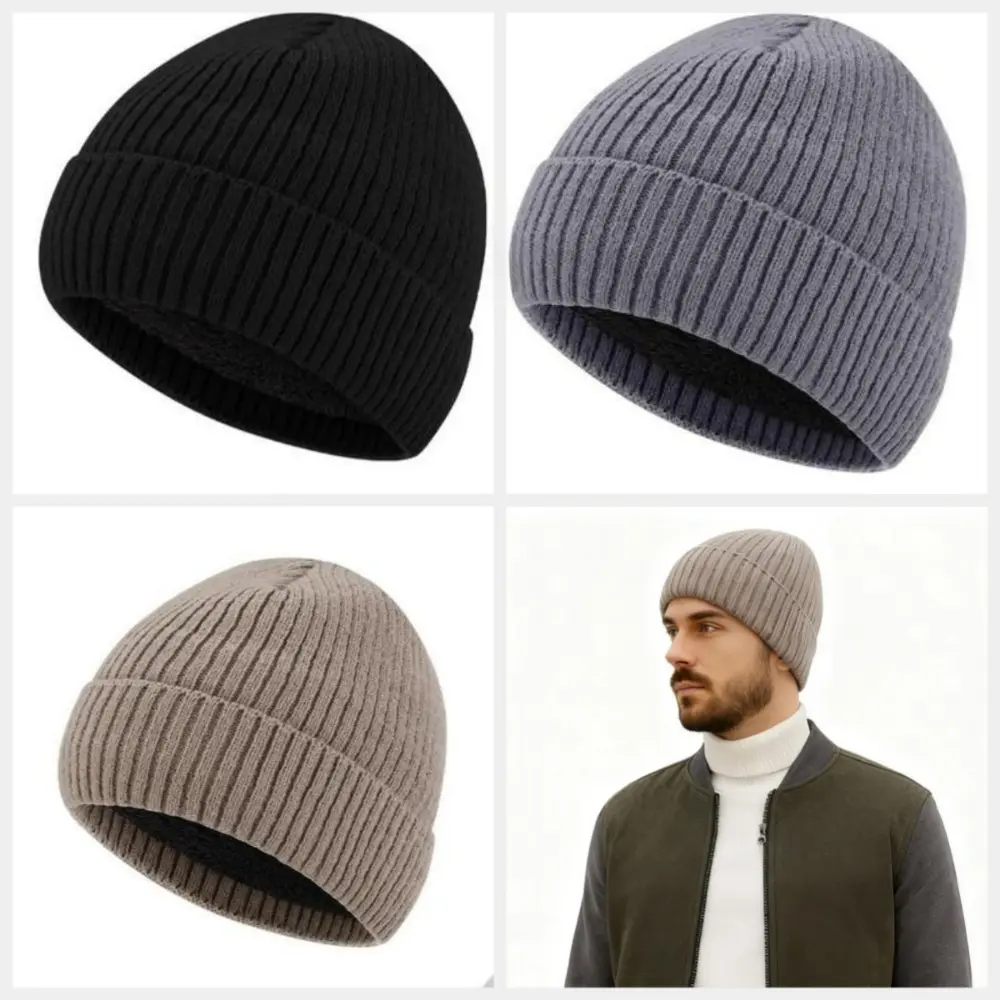 Men's 3-Pack Knit Hat Set - Unisex 56-62cm Ribbed Knit Thermal Insulated Double-Lined Acrylic Stretchy Plain Casual Winter Beanie Hats for Cold Weather Outdoor Sports, Assorted Colors, Unisex Hat