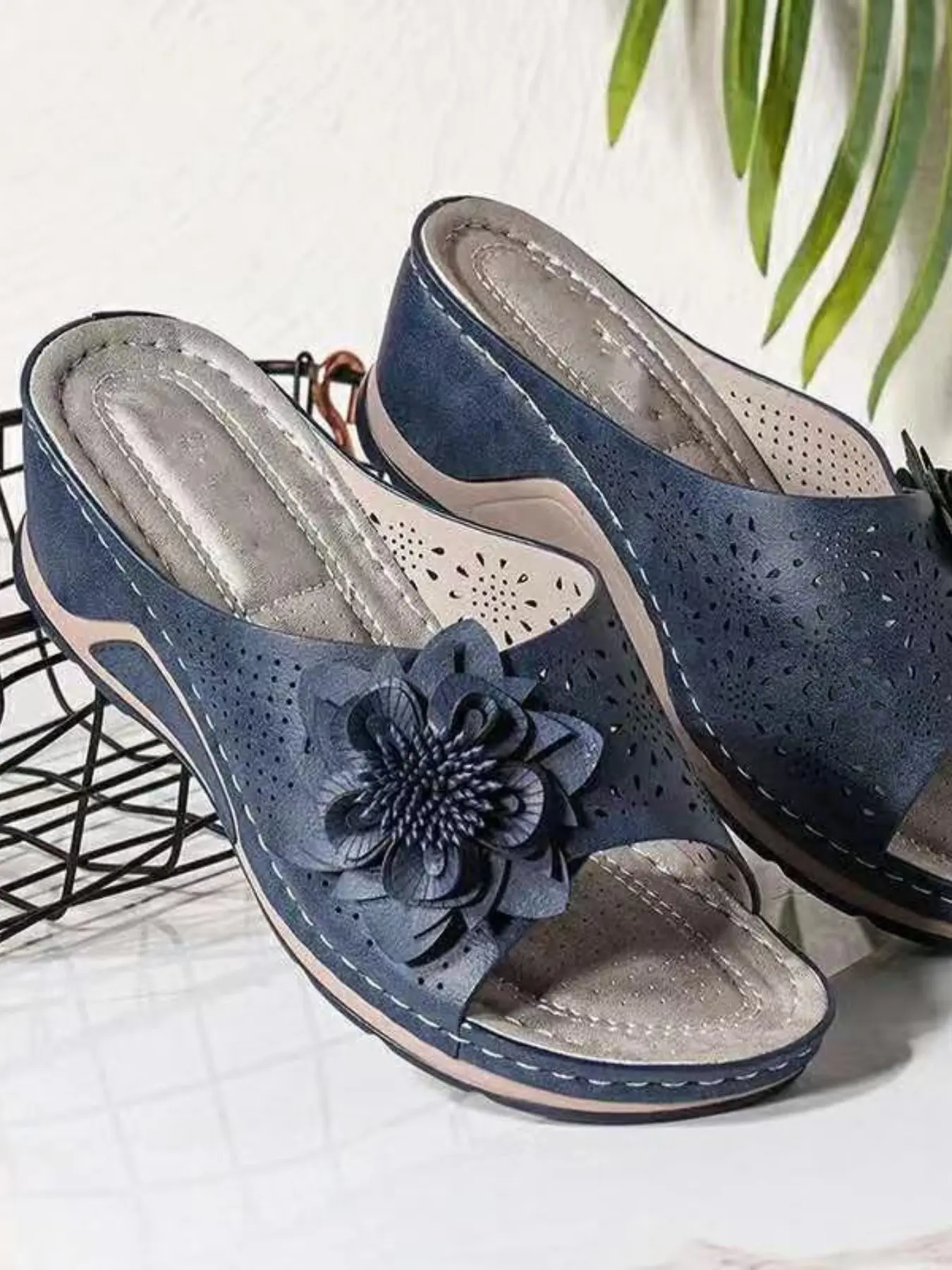 Bohemian Floral Stitch Wedge Sandals for Women - Open Toe Slide Sandals, Ultra-Lightweight, Comfortable, Non-Slip, Wear-Resistant & Rubber, Footwear, Casual Summer Footwear, Boho Style Wedge