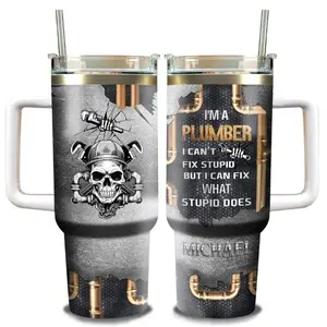 Personalized Plumber 40oz Tumbler with Handle and Straw Lid Custom Name Double Wall Vacuum Tumblers Insulated Cup Fathers Day Birthday Gift for Man Father Him Plumbers Husband