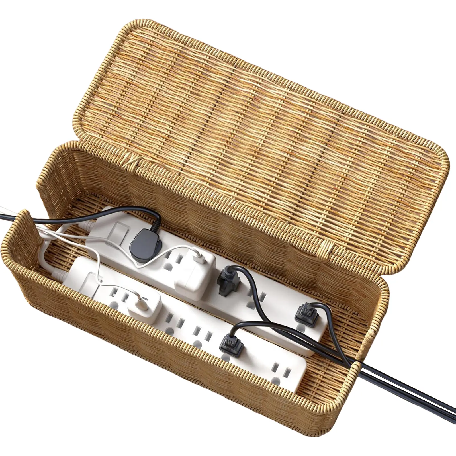 Cable Management Box, Rattan Cable Organizer, Handwoven Imitation Rattan Cord Hider Organizer Box with Lid, 2 Open Slots Cable Organizer Box for Computer Router USB Hub & Power Strip 12.2x4.9x5.1inch