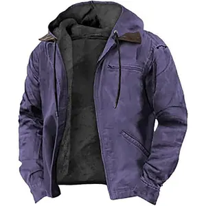 2025 Solid Color Hooded Cotton Jacket Casual Men's Clothing Fleece Zipper Pocket Jacket Jacket Comfortable Sports and Leisure