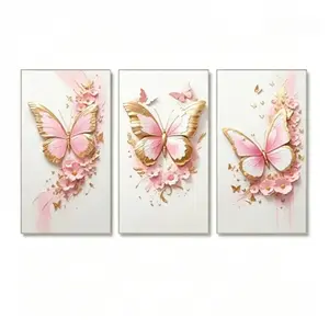 3pcs/set Framed Canvas, Pink Gold Butterfly Floral Triptych Decorative Posters Print, Floral Prints, Perfect Living Room and Bedroom Decor, Stylish Home Posters, Modern Wall Art painting aesthetic office dopamine family mother's day bouquet hall