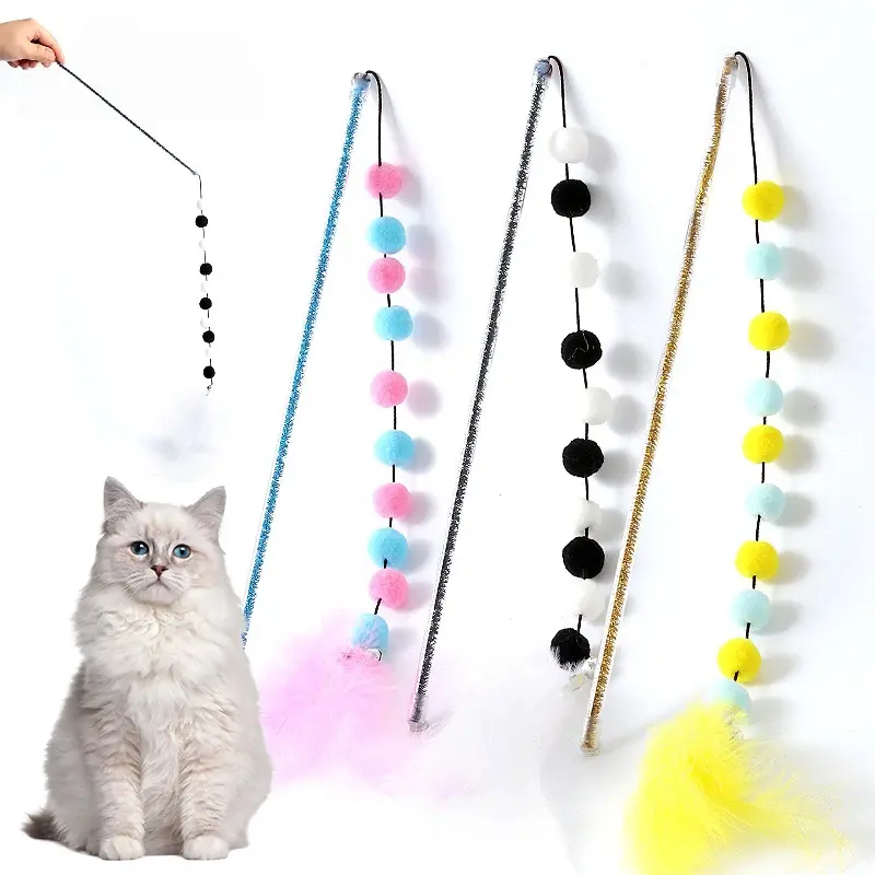 Cat Wand Toys, Interactive Kitten Toys for Indoor ,Cats Colorful Teaser Wand for Exercise Kitten Stick Kitty Rope Toy Rainbow Feather Cat Charmer-1PCS